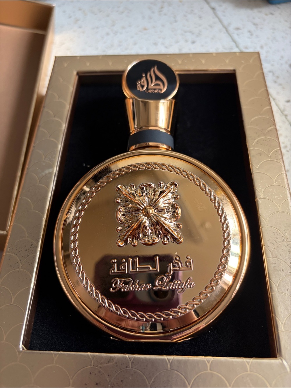 Fakhar Latak Perfume Bottle - Gold Finish New in Box 3.4 OZ